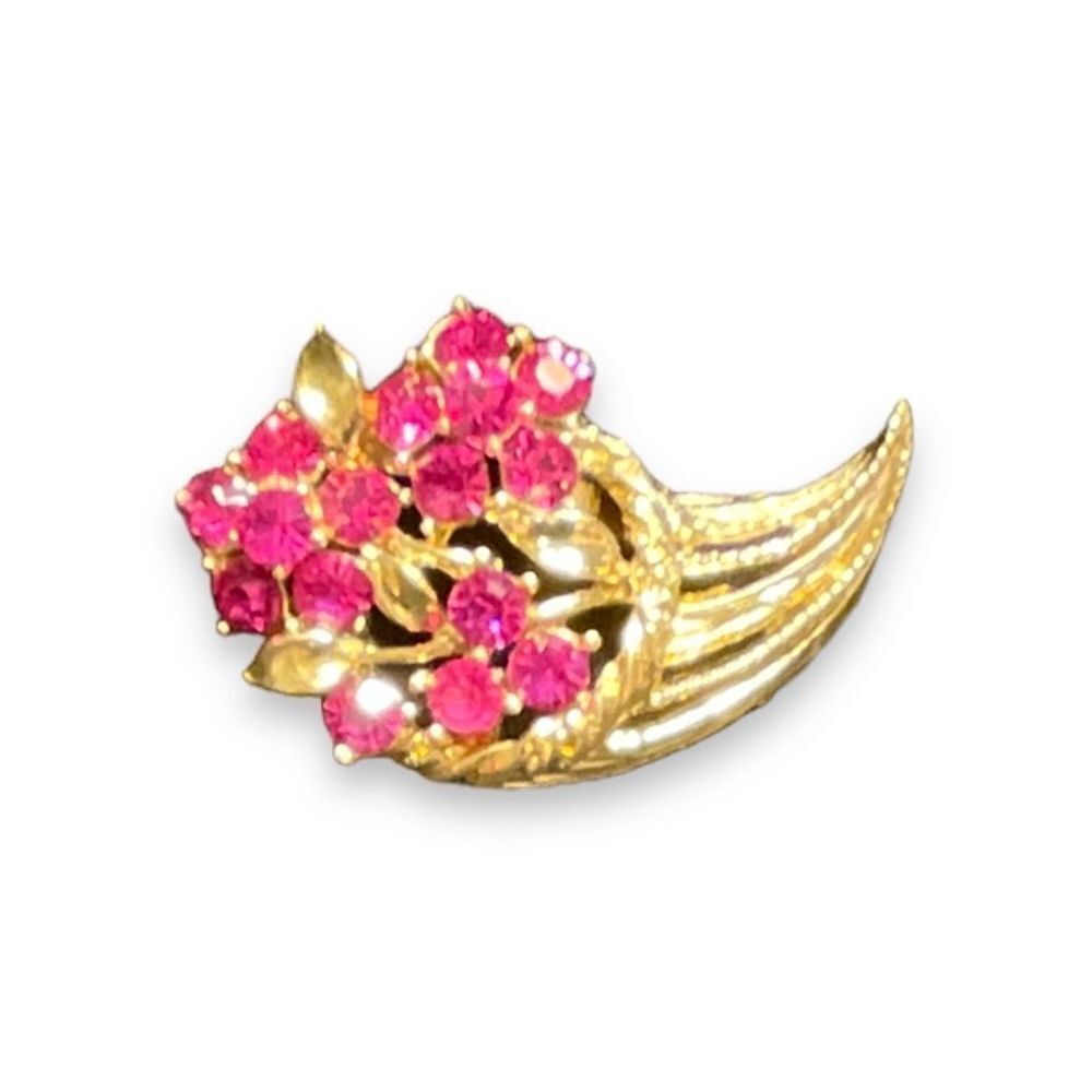 Vintage Flower Brooch Bouquet Pink Rhinestones Gold Tone Pin Spring Floral
